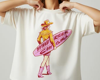 Cowgirl PNG Retro Western Beach Design, Letnia grafika sublimacyjna na koszulkę, Sztuka vintage Cowgirl Coastal