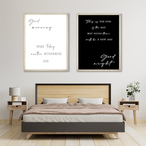 Bedroom Art set, Good morning Good night, Black and white, 2 pieces wall art, minimalist quote, collage kit decor, ISTANT DIGITAL DOWNLOAD