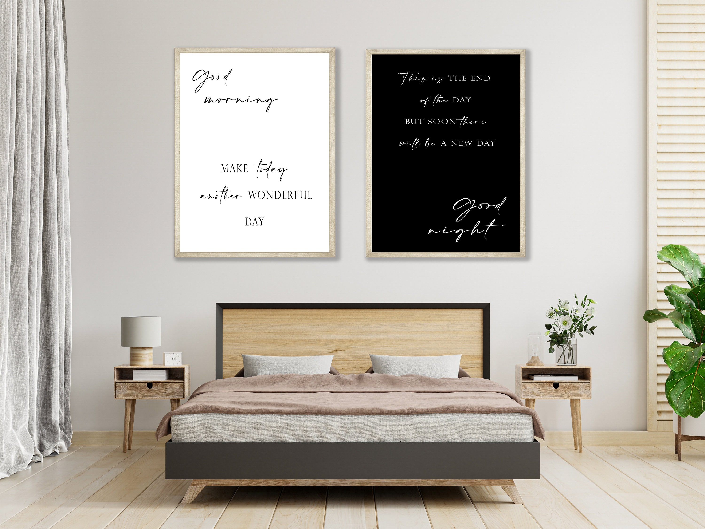 Bedroom Art Set, Good Morning Good Night, Black and White, 2 Pieces