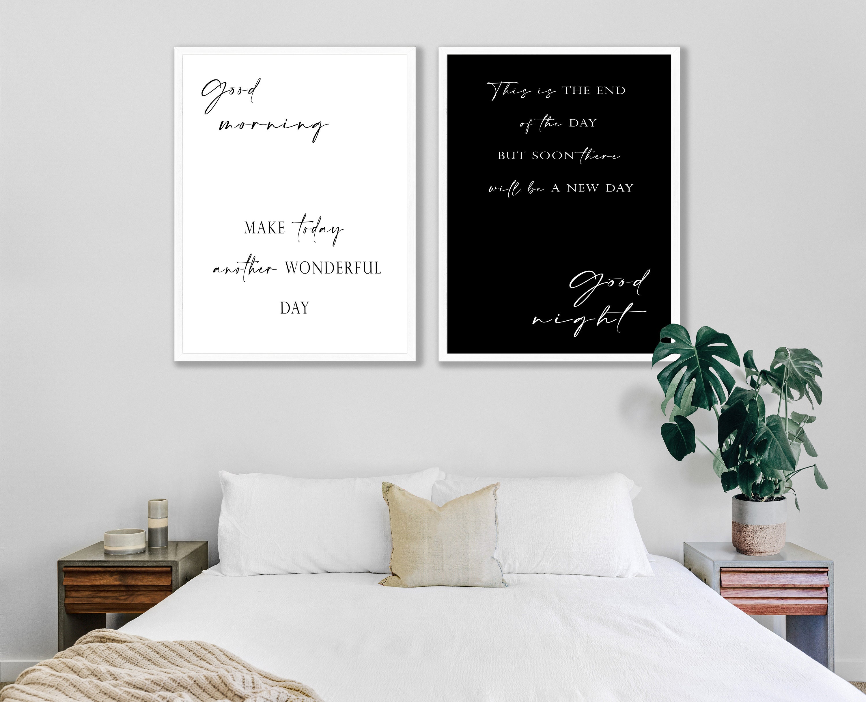 Bedroom Art Set, Good Morning Good Night, Black and White, 2 Pieces
