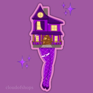 May include: A purple house with a broken door and windows, wearing purple fishnet stockings and a white garter belt. The house is on a pink background with sparkling stars.