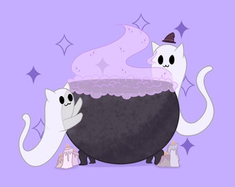 Witch Ghost Cats Glossy Mini Print (6x4 Inch)