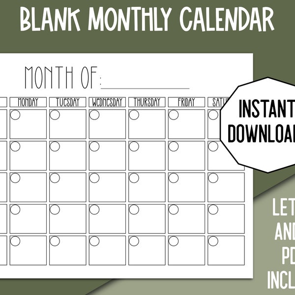 Printable Blank Monthly Calendar, Undated Calendar Printable, Simple Blank Calendar, Digital Monthly Planner, Agenda PDF, Calendar Template,