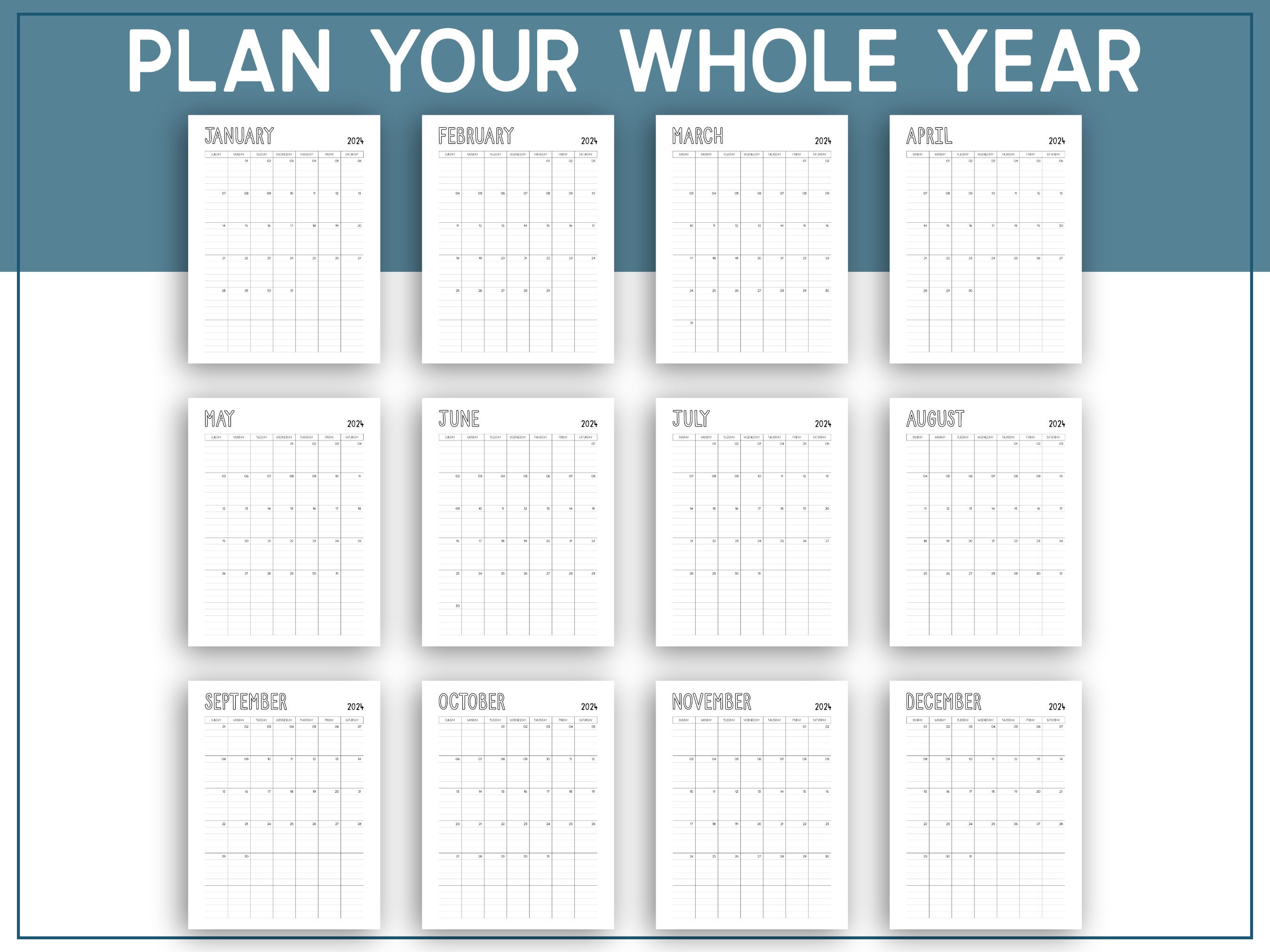 2024 Printable Calendar Portrait, Lined Monthly Calendar Planner ...