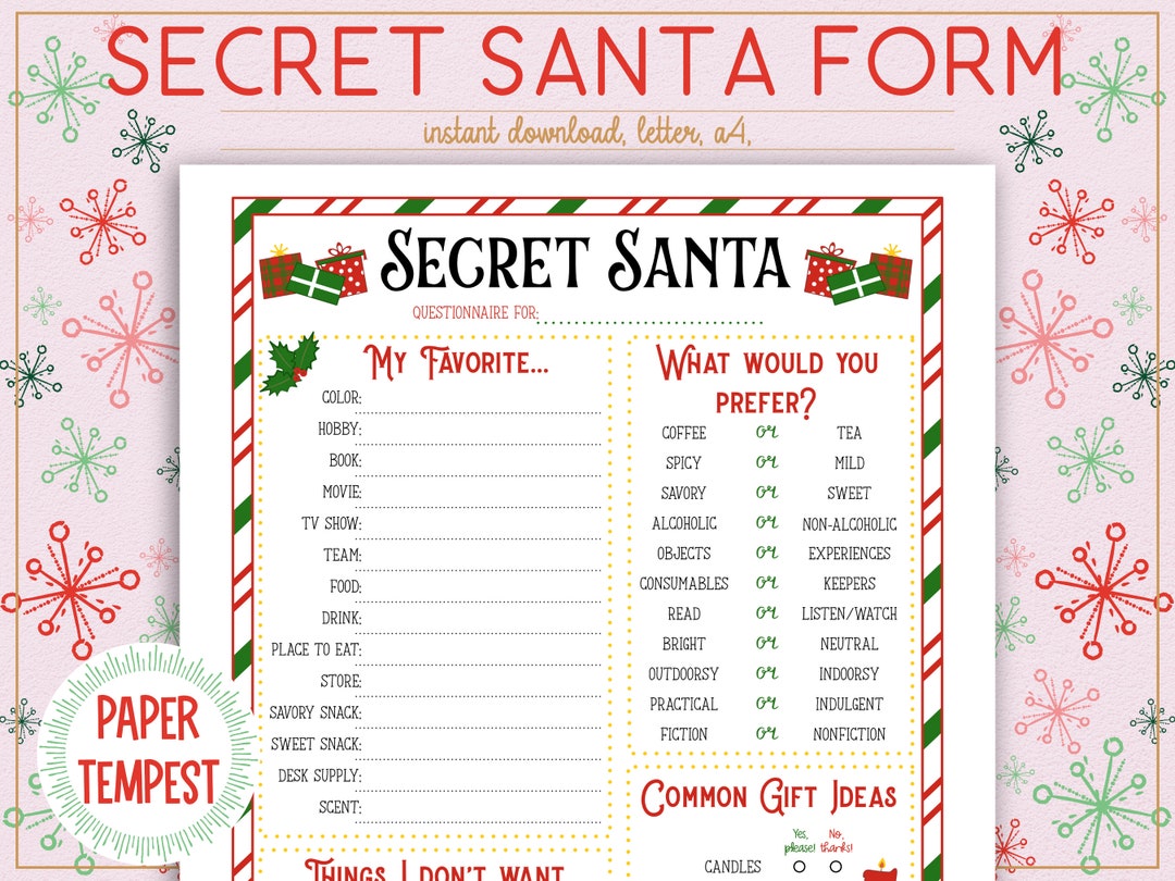 Printable Secret Santa Questionnaire, Secret Santa Template for Work ...