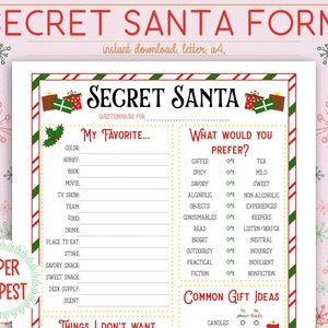 Cuestionario de Papá Noel secreto imprimible, plantilla de Papá Noel secreto para el trabajo, formulario de Papá Noel secreto para la oficina, lista de deseos de intercambio de regalos para fiestas navideñas en PDF