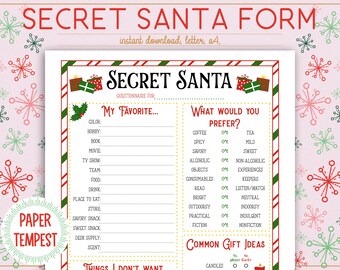 Könnte beinhalten: Ein druckbares Secret Santa Formular mit einem rot-grünen gestreiften Rand. Das Formular enthält Fragen zu Lieblingsfarben, Hobbys, Büchern, Filmen, Fernsehsendungen, Teams, Essen, Getränken, Essensorten, Geschäften, Snacks, Schreibtischzubehör, Düften und gängigen Geschenkideen. Das Formular enthält auch einen Abschnitt für Dinge, die die Person nicht möchte.