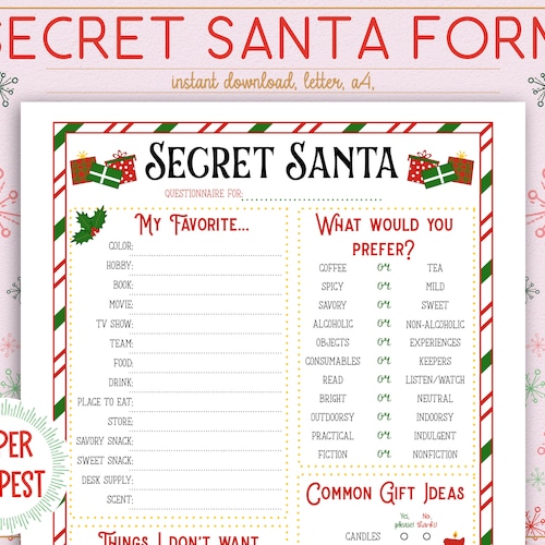 Secret Santa Questionnaire Gift Exchange Printable Etsy