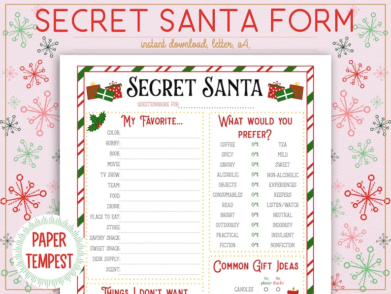 Printable Secret Santa Questionnaire, Secret Santa Template for Work Printable Secret Santa Questionnaire, Secret Santa Template for Work