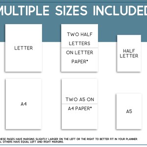 Op de afbeelding: Een grafiek die de verschillende papierformaten laat zien die in een planner zijn opgenomen. De formaten zijn Letter, Half Letter, A4 en A5. De tekst "Multiple Sizes Included" staat bovenaan de grafiek.