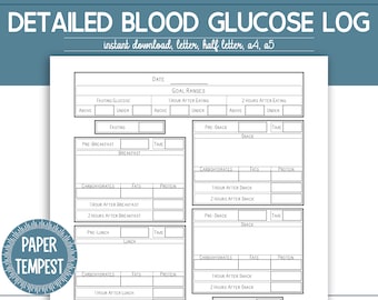 Printable Diabetes Log Book, Blood Sugar Glucose Tracker, Diabetes Diary, Gestational Mellitus, Type 1 2 Diabetes, Food and Meal Log, a5, a4
