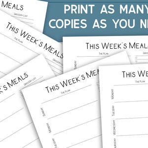 Puede incluir: Plantilla de planificador de comidas semanal imprimible con el texto "This Week's Meals" y secciones para "The Plan" y "Grocery List".