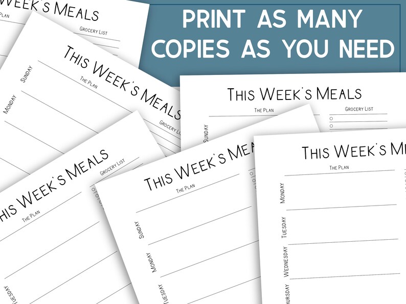 Puede incluir: Plantilla de planificador de comidas semanal imprimible con el texto "This Week's Meals" y secciones para "The Plan" y "Grocery List".