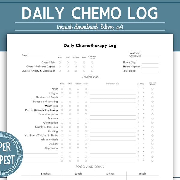 Printable Chemotherapy Symptom Log, Daily Chemo Tracker, Cancer Treatment Planner Insert, Health Binder Page, Cancer Journal PDF