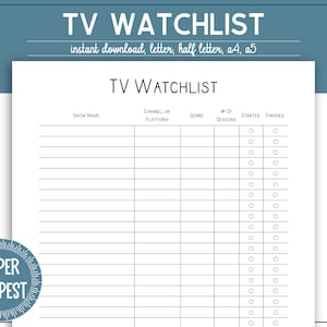 Printable TV Watchlist, TV Show Tracker, Television To Watch List, Streaming Series Episode Log, Media Journal, Entertainment Planner