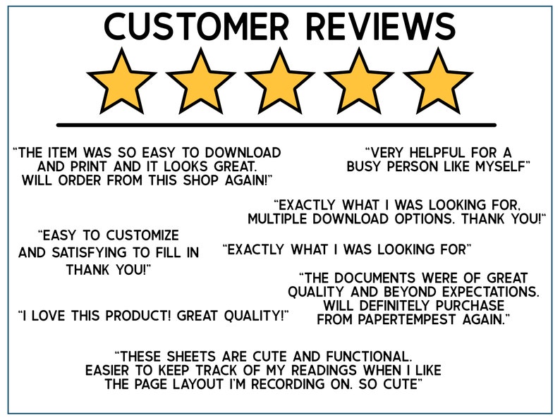 May include: Five yellow stars with a black outline are displayed above customer reviews. The reviews are positive and highlight the ease of use, quality, and helpfulness of the product. The text includes phrases like "easy to download", "great quality", and "very helpful".