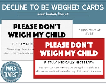 Printable Don't Weigh My Child Cards, Children's Decline to be Weighed Cards, Kid's Medical Information Cards, Skip School Weigh-In Cards