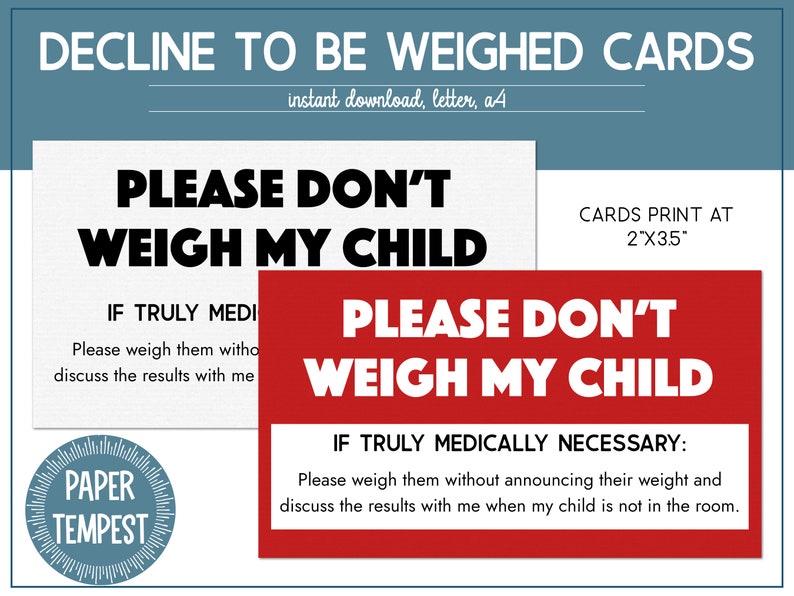 Printable Don't Weigh My Child Cards, Children's Decline to Be Weighed