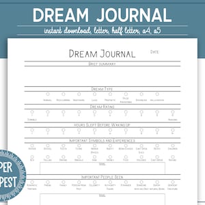 Dream Journal Printable, Digital Dream Journal Template, Lucid Dream Log, Dream Diary, PDF Planner Insert, Dream Interpretation Tracker