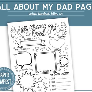 All About My Dad Coloring Page for Kids, Father&#39;s Day Gift Craft,  DIY Printable Father&#39;s Day Gift, Personalized Dad Questionnaire Template