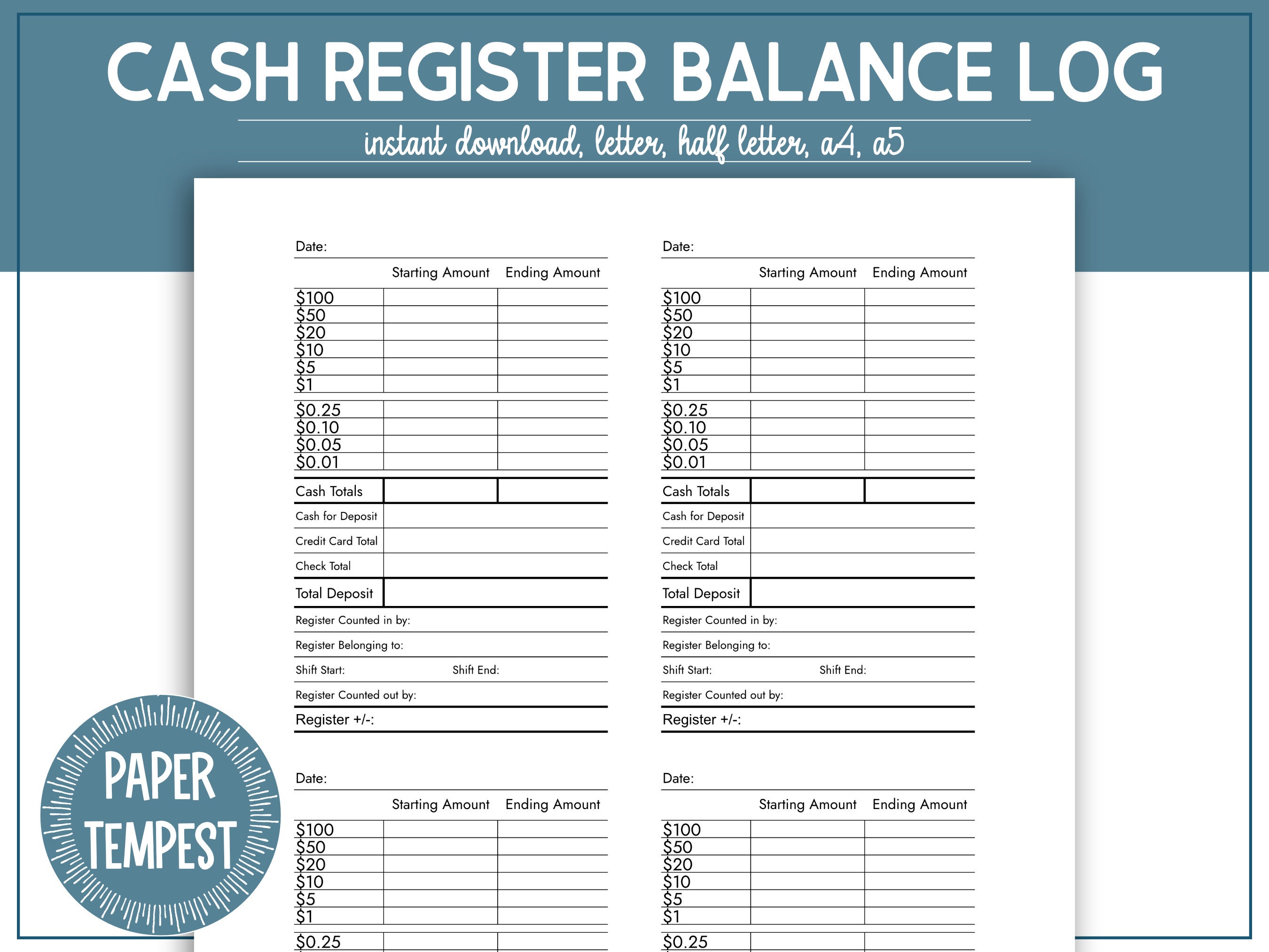 Printable Cash Register Balance Log Cash Drawer Reconciliation