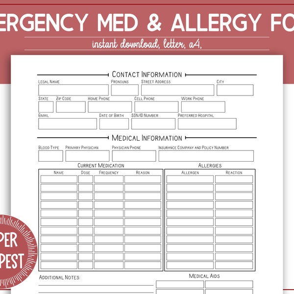 Printable Emergency Medication and Allergy Information Binder Page, Health Journal, Emergency Contact Form Printable, Sheet, Grab and Go