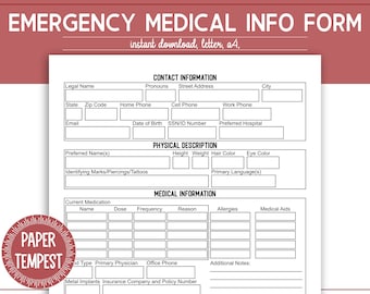Emergency Medical Information Binder Page Download, Health Journal, Prepper, Emergency Contact Form Printable, Sheet, Grab and Go