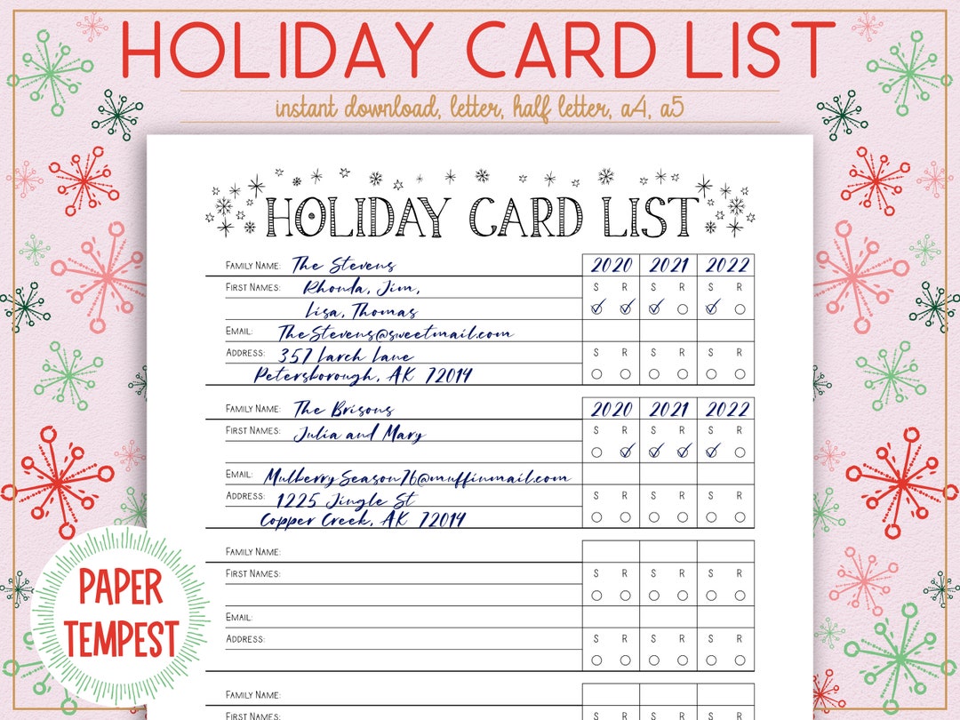 Printable Holiday Card List, Christmas Card List Planner Printable ...