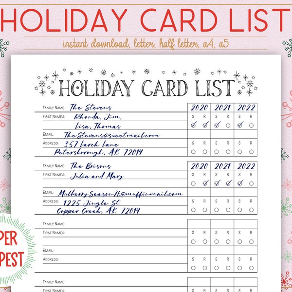 Printable Holiday Card List, Christmas Card List Planner Printable, Cards Sent and Received Tracker, Printable Christmas Card Planner,