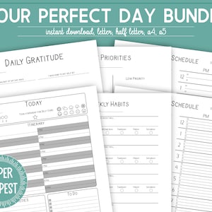 May include: A printable bundle of daily planner pages with titles such as "Daily Gratitude", "Priorities", "Schedule", "Today", and "Weekly Habits". The pages are designed in black and white with a simple, modern aesthetic.
