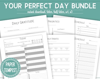 Your Perfect Day Planner Printable Bundle, Planner Bundle, 15 Minute Daily Schedule, Daily Gratitude Journal, Habit Tracker, Planner Insert