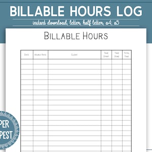Billable Hours Tracker, Hours Worked Tracker, Timesheet Log, Project Time Planner, Working Task Time Tracker, A4, A5, Letter, PDF