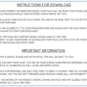 May include: A white background with black text outlining instructions for downloading a digital product from Etsy. The text includes information about accessing files after purchase, using the Etsy app, and important information about the digital download.