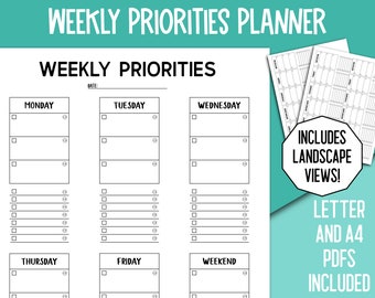 Printable Weekly Priority Planner Organizer, To Do List, Workflow Agenda Template, Daily Tasks at a Glance, Office Productivity Chart