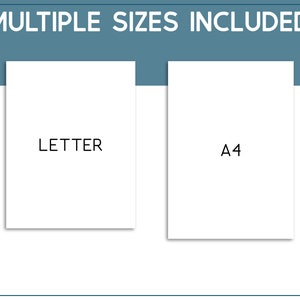 Może przedstawiać: Dwa białe arkusze papieru z nadrukowanymi słowami "LETTER" i "A4". Arkusze są wyświetlane na niebieskim tle z tekstem "MULTIPLE SIZES INCLUDED" u g&oacute;ry.