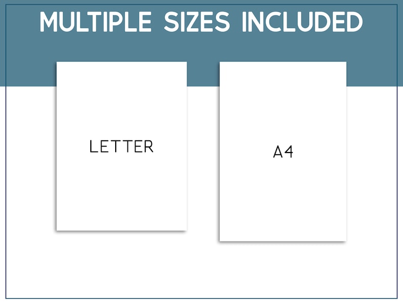 Może przedstawiać: Dwa białe arkusze papieru z nadrukowanymi słowami "LETTER" i "A4". Arkusze są wyświetlane na niebieskim tle z tekstem "MULTIPLE SIZES INCLUDED" u g&oacute;ry.