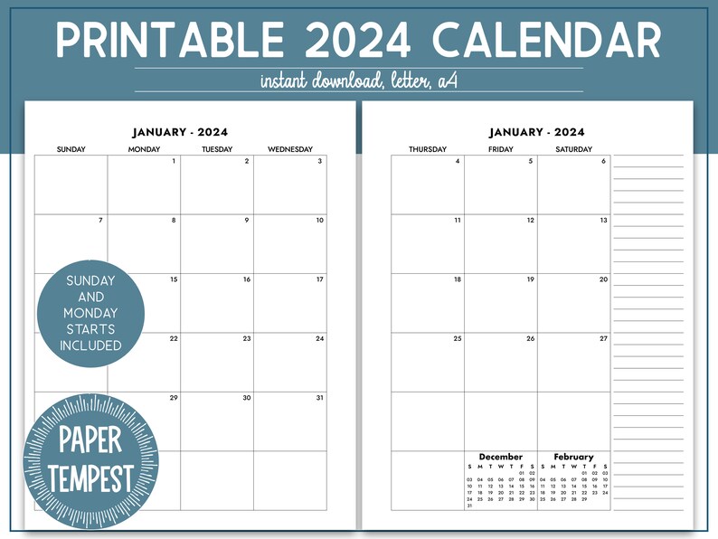 2024 Printable Calendar 2 Page Spread, Minimalist Monthly Calendar ...