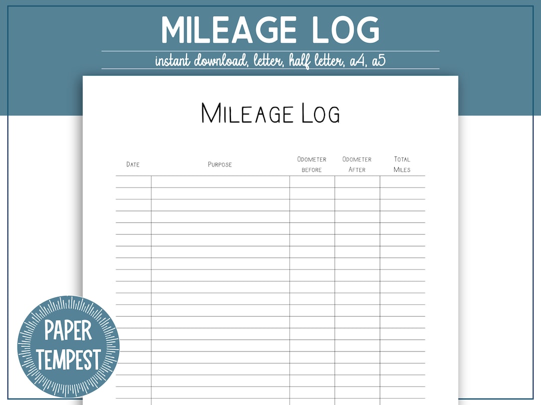 Printable Mileage Log Tracker, Mileage Tracker Printable, Business Mileage Traveled, Vehicle ...