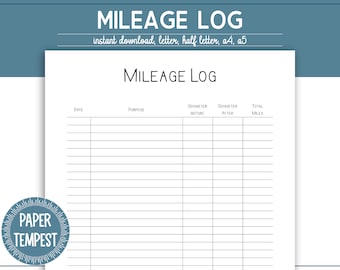 Printable Mileage Log Tracker, Mileage Tracker Printable, Business Mileage Traveled, Vehicle Mileage Log Template, Miles Traveled Form, PDF