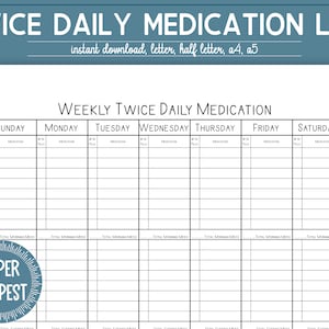 Weekly Twice Daily Medication Tracker Printable, Medication List, Pill Organizer Log, Medicine Schedule, , A4, A5, Letter, Half Letter, PDF