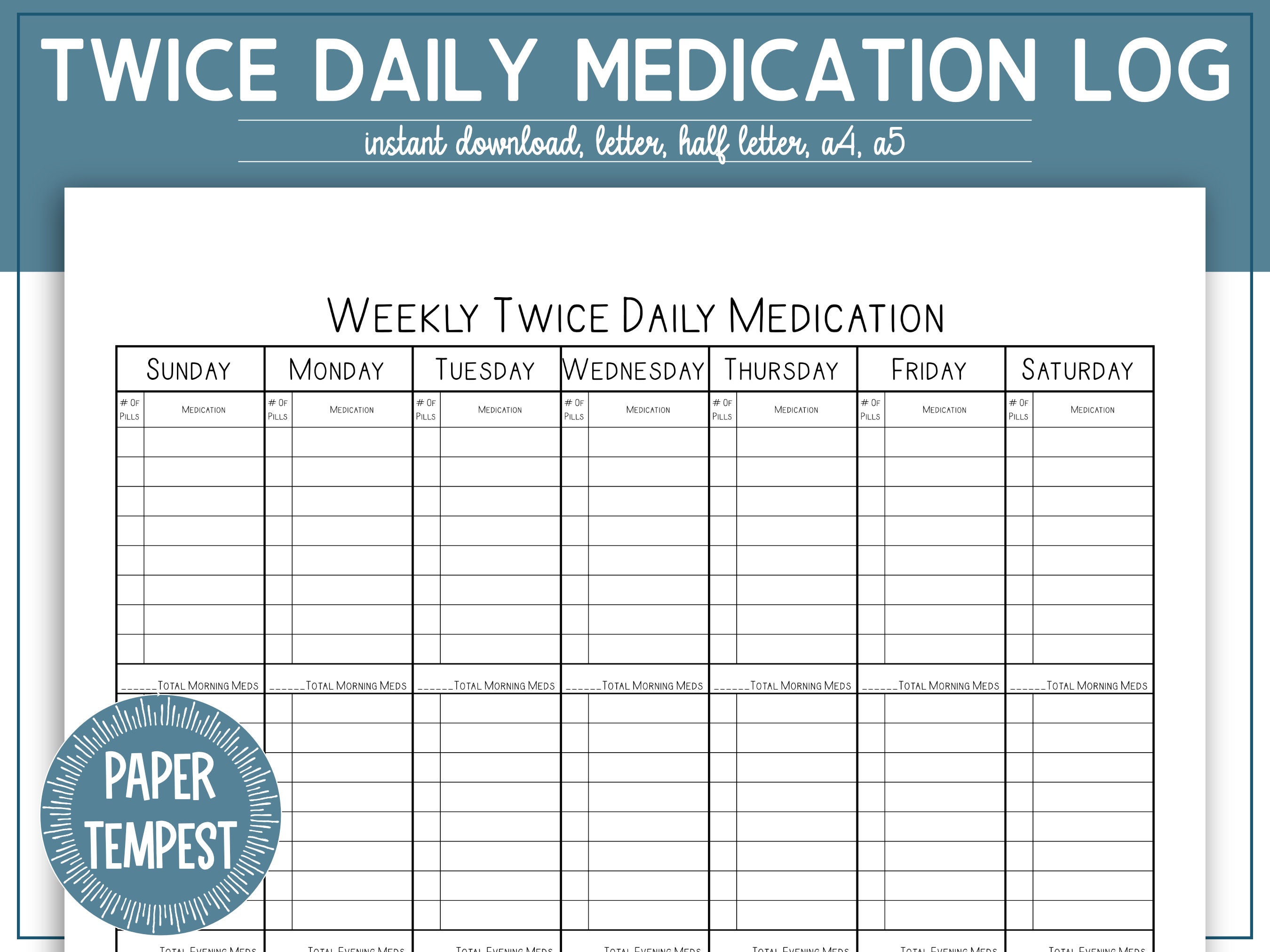 Weekly Twice Daily Medication Tracker Printable Medication List Pill Organizer Log Medicine Weekly Twice Daily Medication Tracker Printable Medication List Pill Organizer Log Medicine