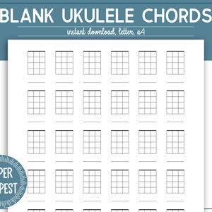 Afdrukbare ukelele akkoordgrafiek, blanco akkoordgrafiek PDF voor studenten, lege ukelele akkoorddiagrammen, DIY akkoordnotatiegrafiek voor leraren