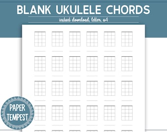 May include: A printable sheet of blank ukulele chord diagrams. The sheet is divided into 20 sections, each containing a blank ukulele chord diagram. The sheet is labeled "BLANK UKULELE CHORDS" at the top and "instant download, letter, a4" below the title.