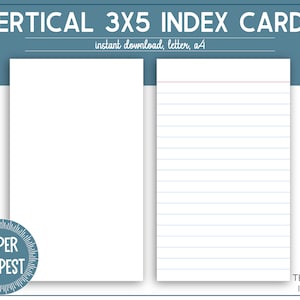 Afdrukbare verticale 3x5 indexkaarten, afdrukbare gevoerde indexkaarten, ongeregelde blanco notitiekaarten, indexkaarten sjabloon, flashkaarten, receptenkaarten,
