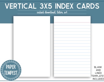 Printable Vertical 3x5 Index Cards, Printable Lined Index Cards, Unruled Blank Notecards, Index Cards Template, Flash Cards, Recipe Cards,