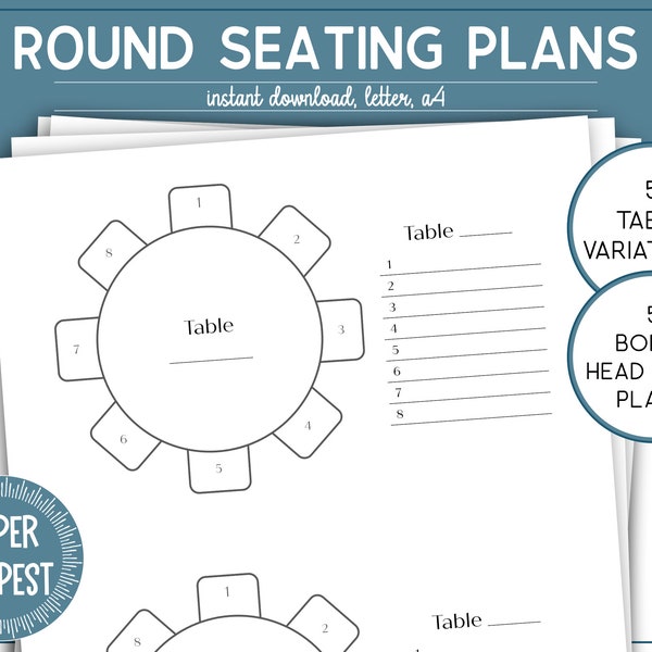 Printable Wedding Table Seating Chart Template, Round Table Seating Planner, Event Table Seating Arrangement, Head Table Plans, Seat Map