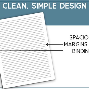 May include: A white sheet of paper with lines for writing. The paper has wide margins on all sides, labelled "Spacious Margins for Binding".  Clean, Simple Design.