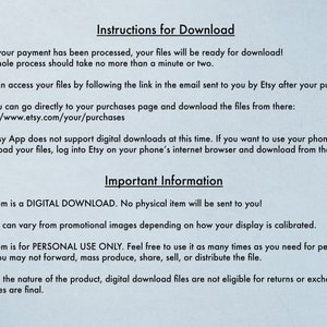 Może przedstawiać: Instrukcje dotyczące pobierania plik&oacute;w cyfrowych z Etsy. Tekst wyjaśnia, jak uzyskać dostęp do plik&oacute;w po zakupie, w tym za pomocą strony internetowej lub aplikacji Etsy. Podkreśla r&oacute;wnież, że ten produkt jest plikiem do pobrania, a nie produktem fizycznym, oraz że kolory mogą się r&oacute;żnić w zależności od ekranu.
