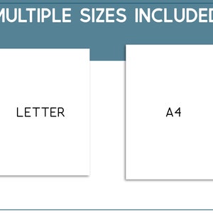 May include: Two white sheets of paper with "LETTER" and "A4" printed on them, showing the sizes included in the product.