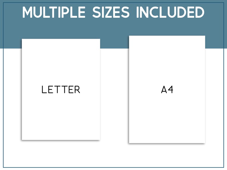 May include: Two white sheets of paper with "LETTER" and "A4" printed on them, showing the sizes included in the product.